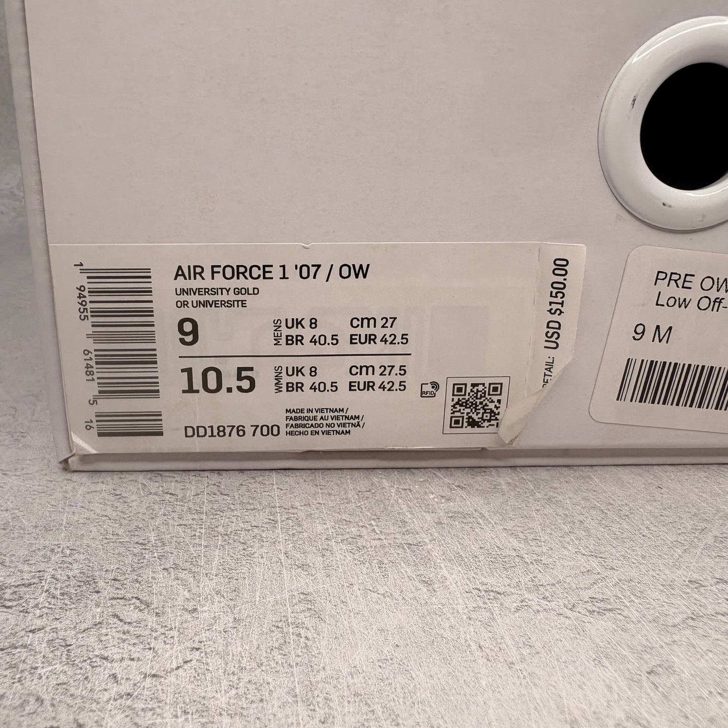 Nike Air Force 1 Low Off - White ICA University Gold *pre - owned* SIZE 9 - Kicks Collective PA - Nike - DD1876-700 - Men's Shoes - 9M/10.5W - Pre - Owned