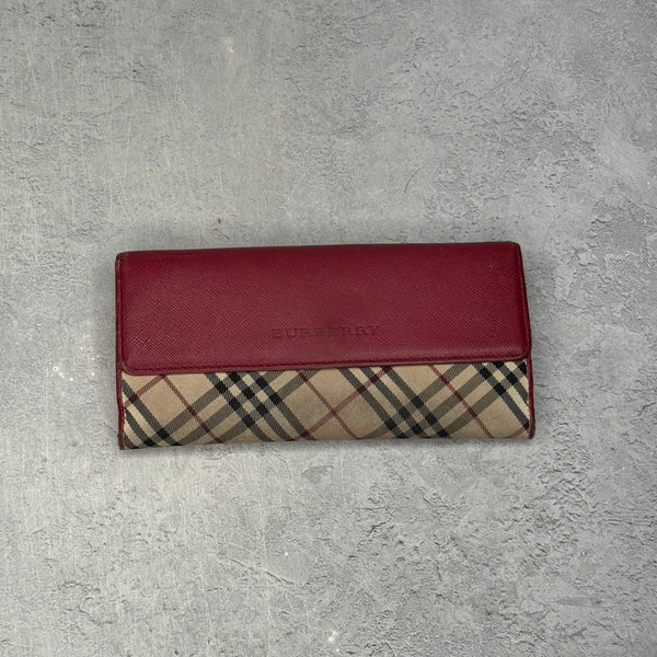 Burberry Red Leather & Nova Check Canvas Long Wallet *pre-owned*