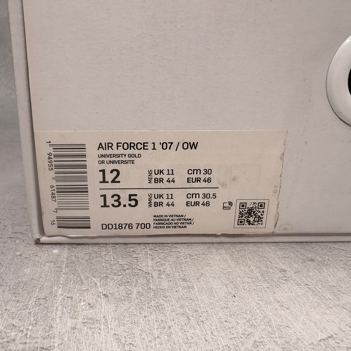 Nike Air Force 1 Low Off-White ICA University Gold *pre-owned* SIZE 12