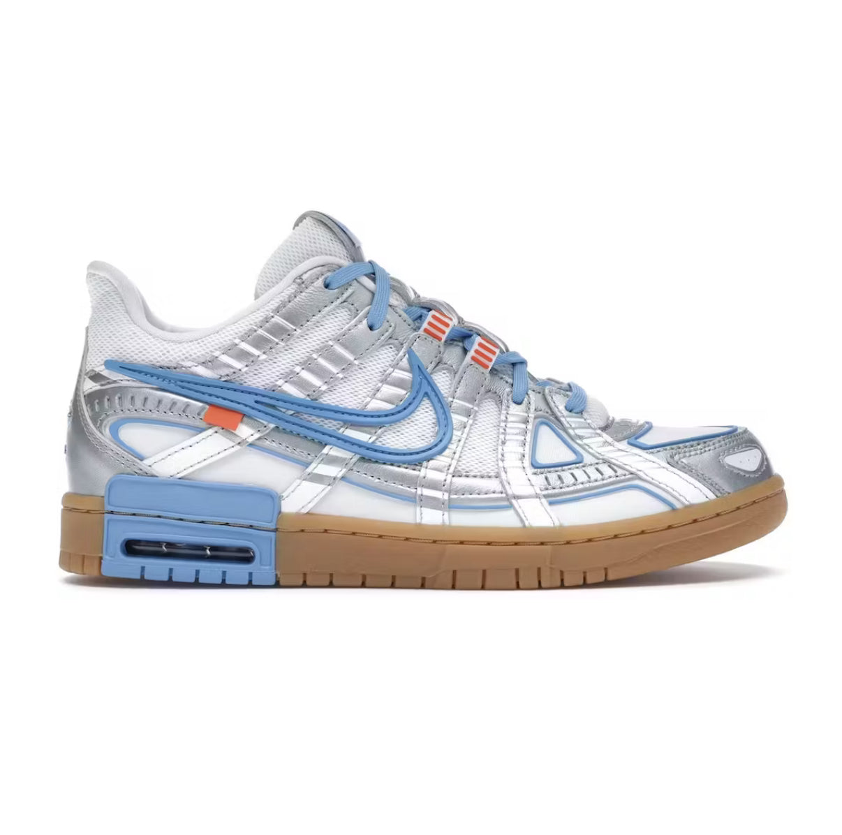 Nike Air Rubber Dunk Off-White UNC University Blue outside of shoe