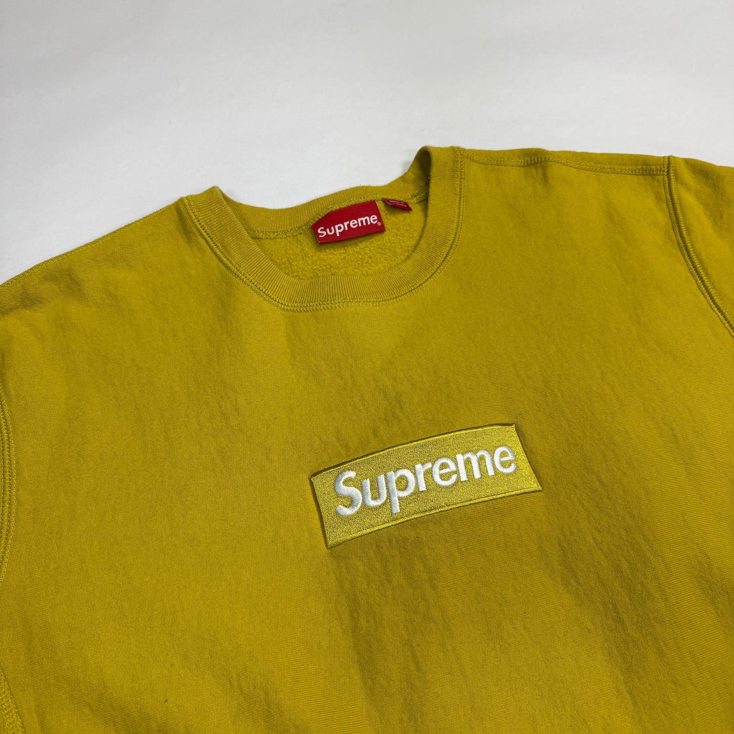 Supreme Box Logo Crewneck (FW18) Mustard detail of crewneck