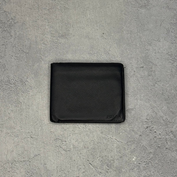 Prada Black Saffiano Leather Bi Fold Wallet W/ Grey Interior *pre-owned*