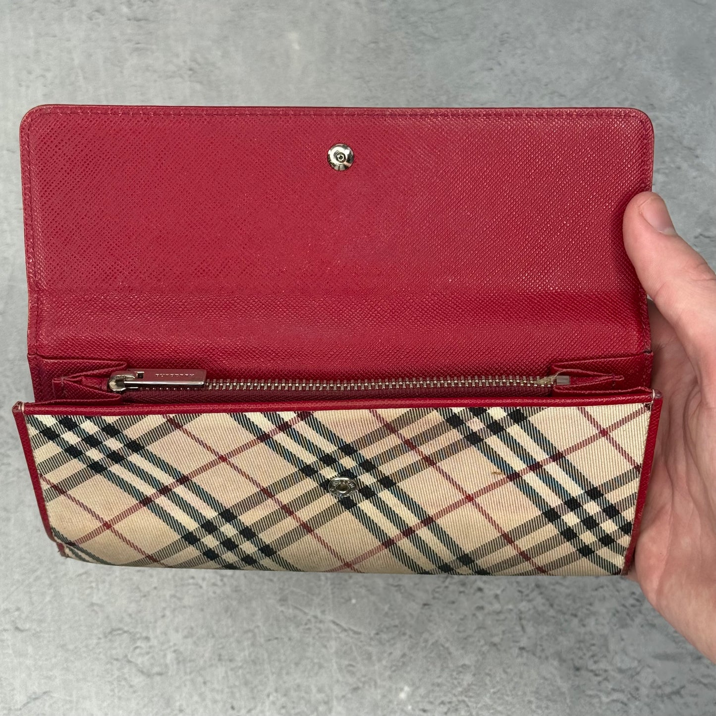 Burberry Red Leather & Nova Check Canvas Long Wallet *pre-owned*