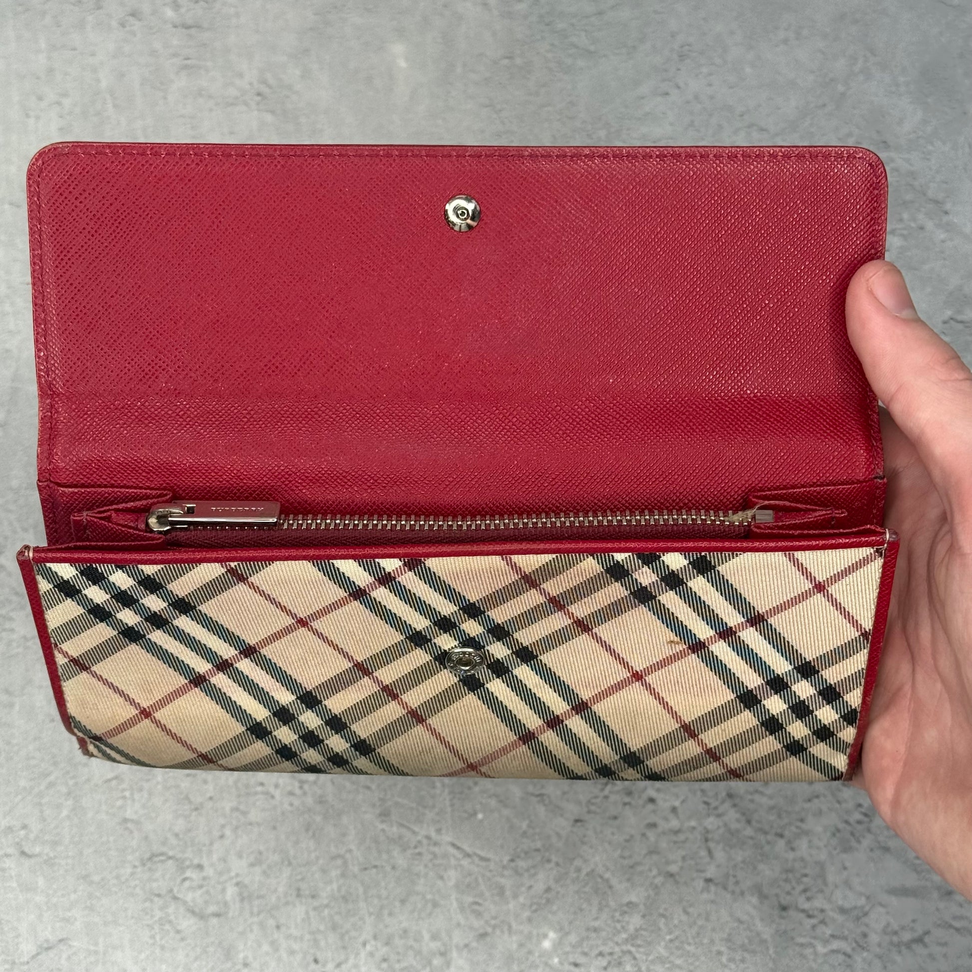 Burberry Red Leather & Nova Check Canvas Long Wallet *pre-owned*
