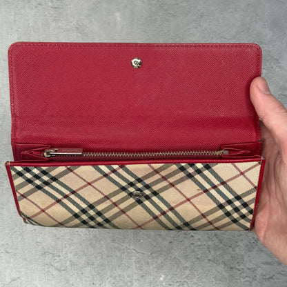 Burberry Red Leather & Nova Check Canvas Long Wallet *pre-owned*