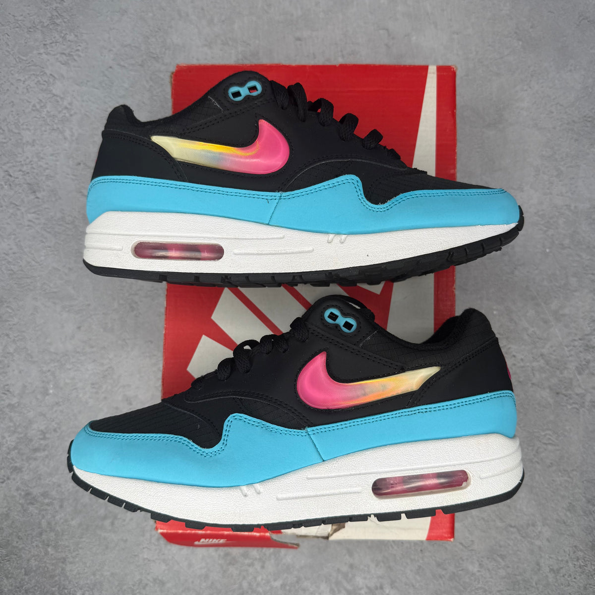 Nike Air Max 1 Jelly Swoosh Black Fuchsia Blue Fury *pre-owned* SIZE 8