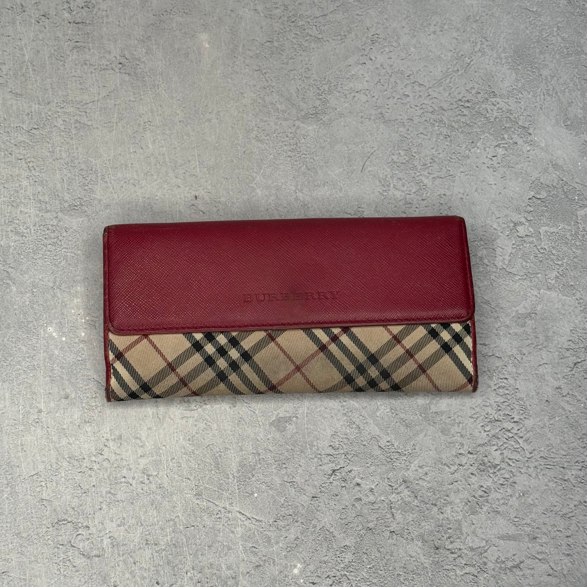 Burberry Red Leather & Nova Check Canvas Long Wallet *pre-owned*