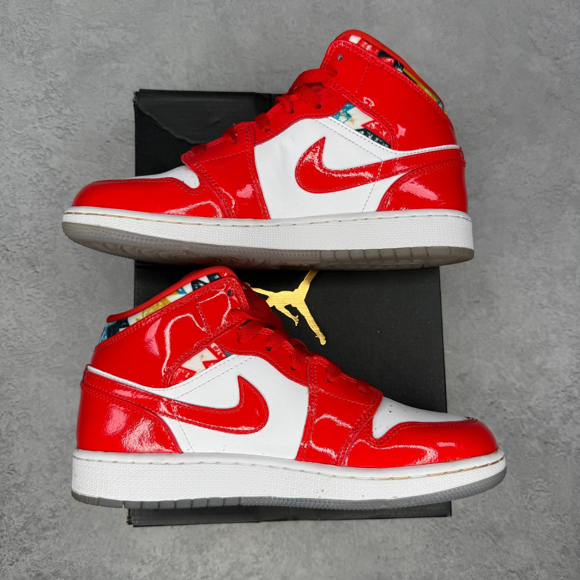 Jordan 1 Mid Barcelona Sweater Red Patent (GS) *pre - owned* SIZE 6.5Y - Kicks Collective PA - Jordan - DC7248-600 - Kid's Shoes - 6.5Y - Pre - Owned