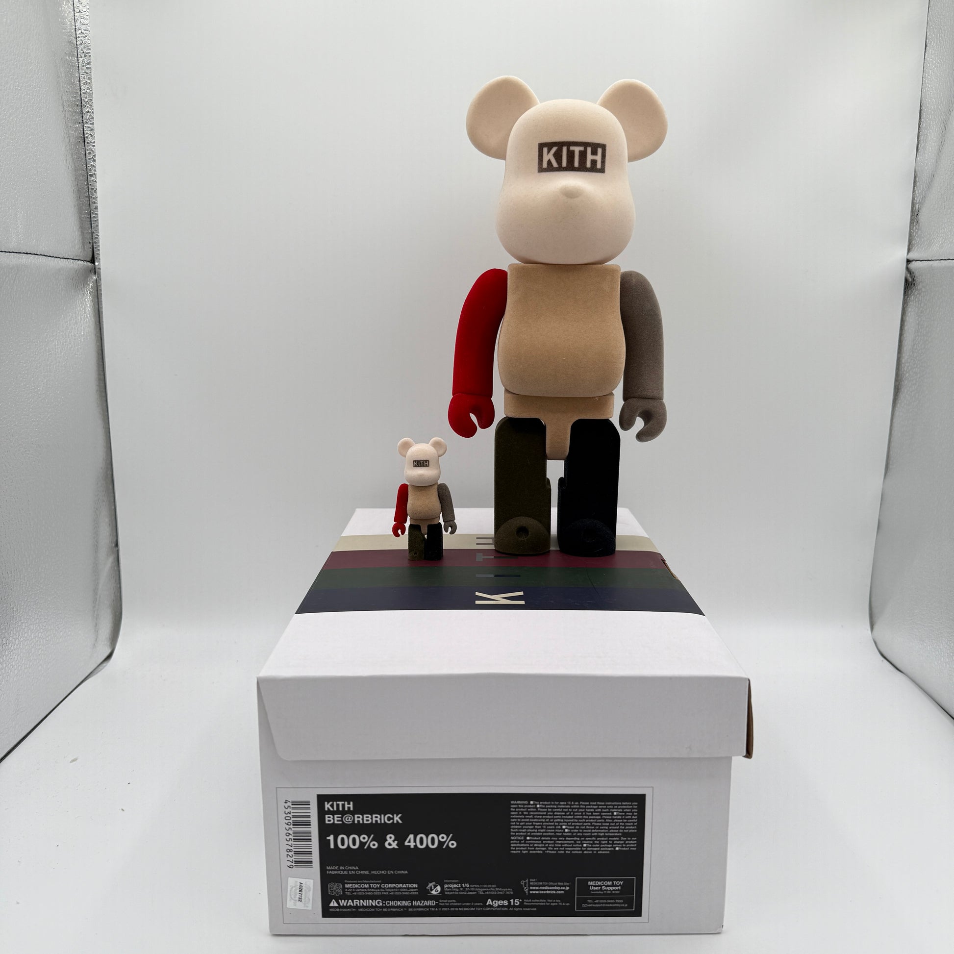 Bearbrick x Kith Flocked 100% & 400% Set Multi Front of Small and Large Bear Figure