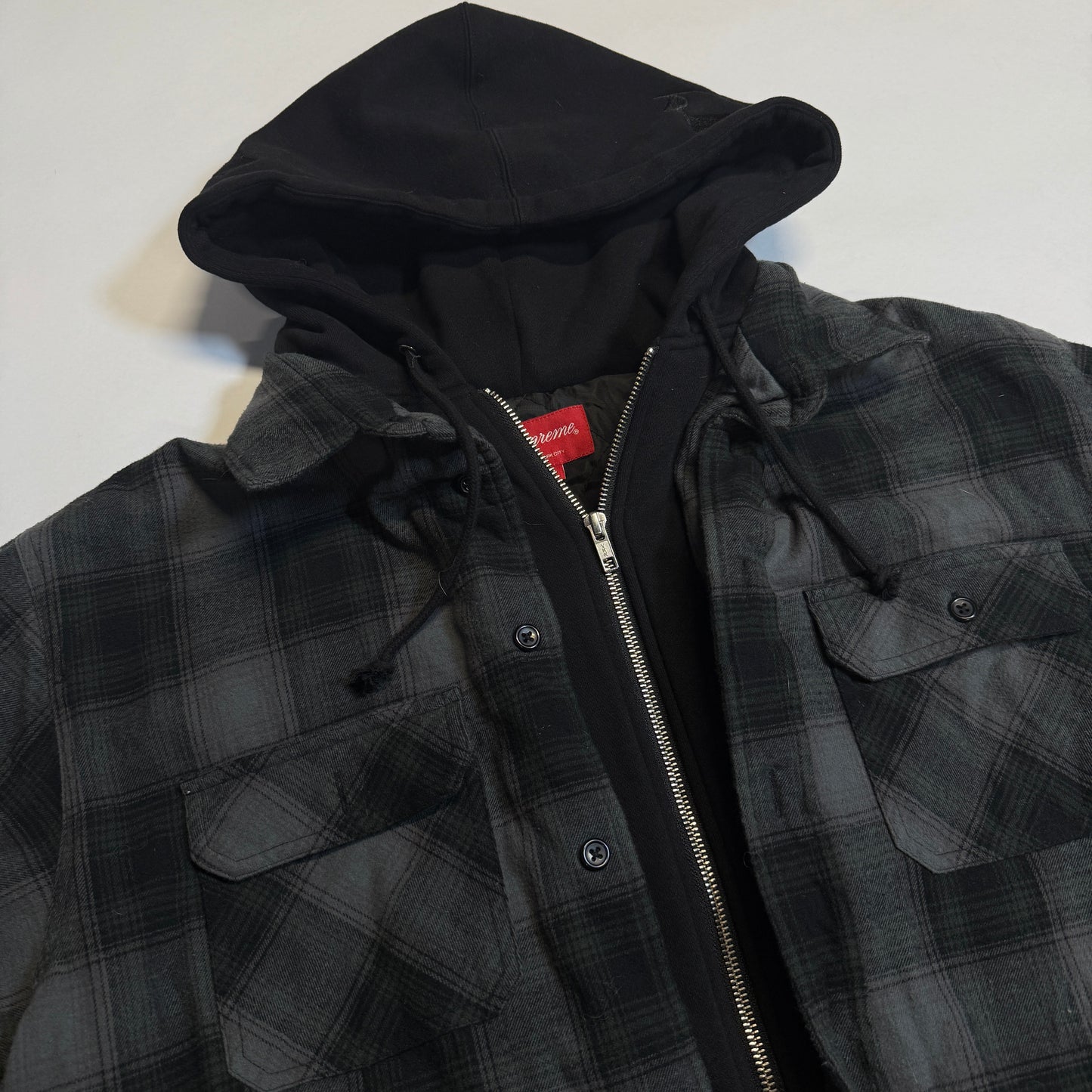 Supreme Hooded Flannel Zip Up Shirt Black Pre-Owned Size Large Detail of Jacket