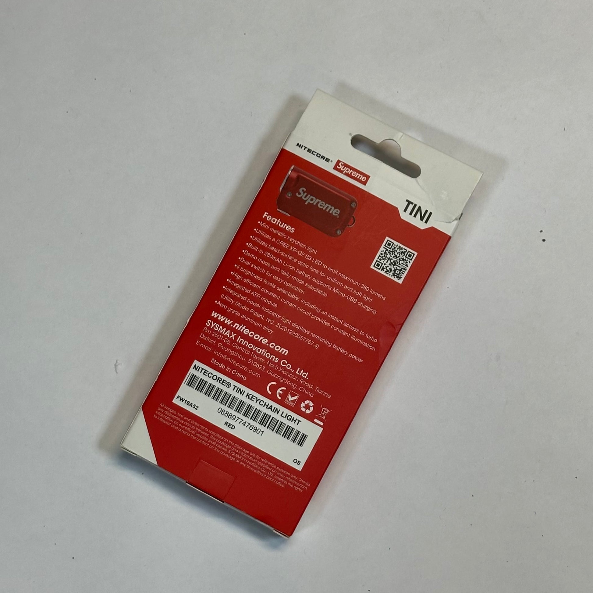Supreme NITECORE Tini Keychain Light Red back of Nitecore keychain package
