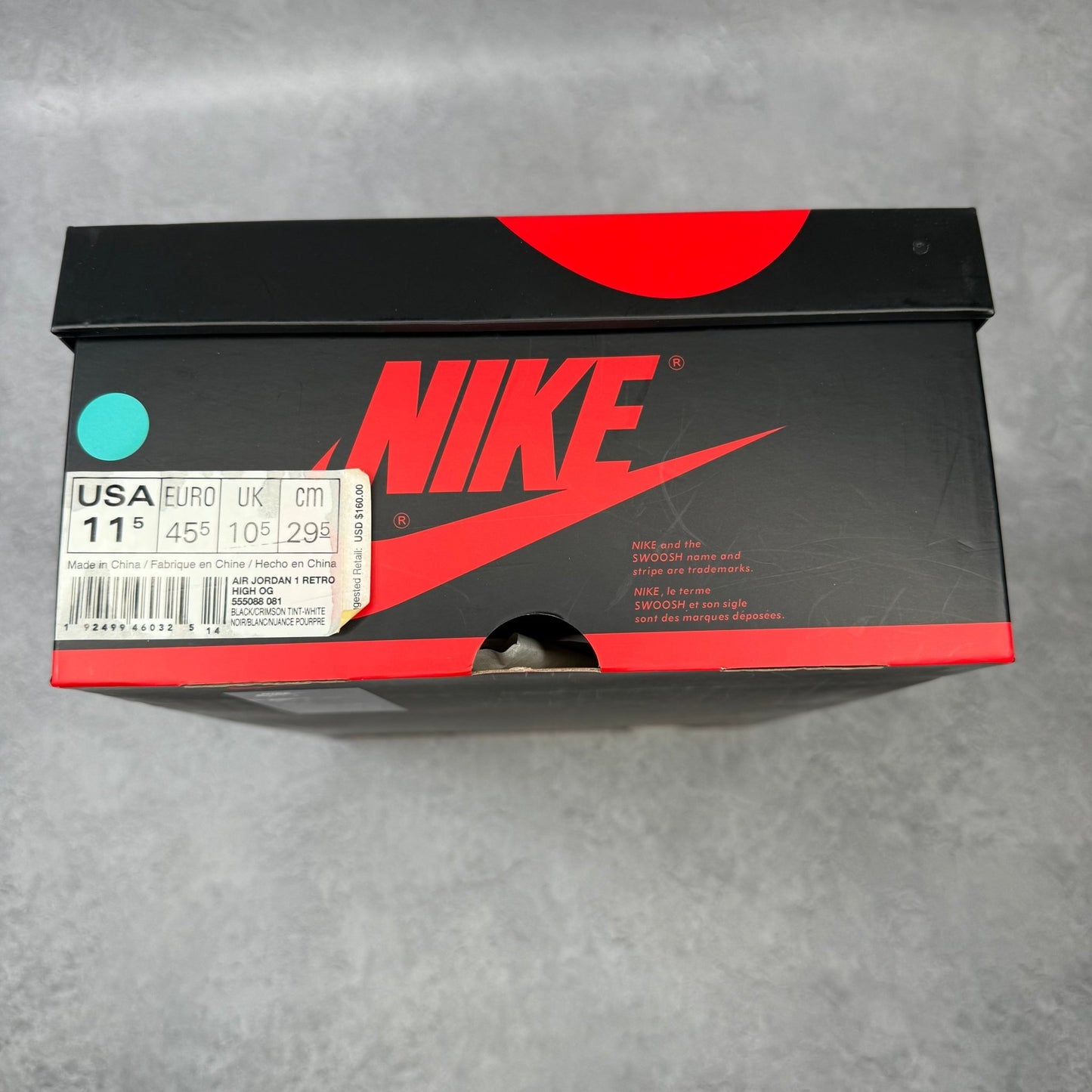 Jordan 1 Retro High Black Crimson Tint *pre - owned* SIZE 11.5 - Kicks Collective PA - Jordan - 555088-081 - Men's Shoes - 11.5M/13W - Pre - Owned