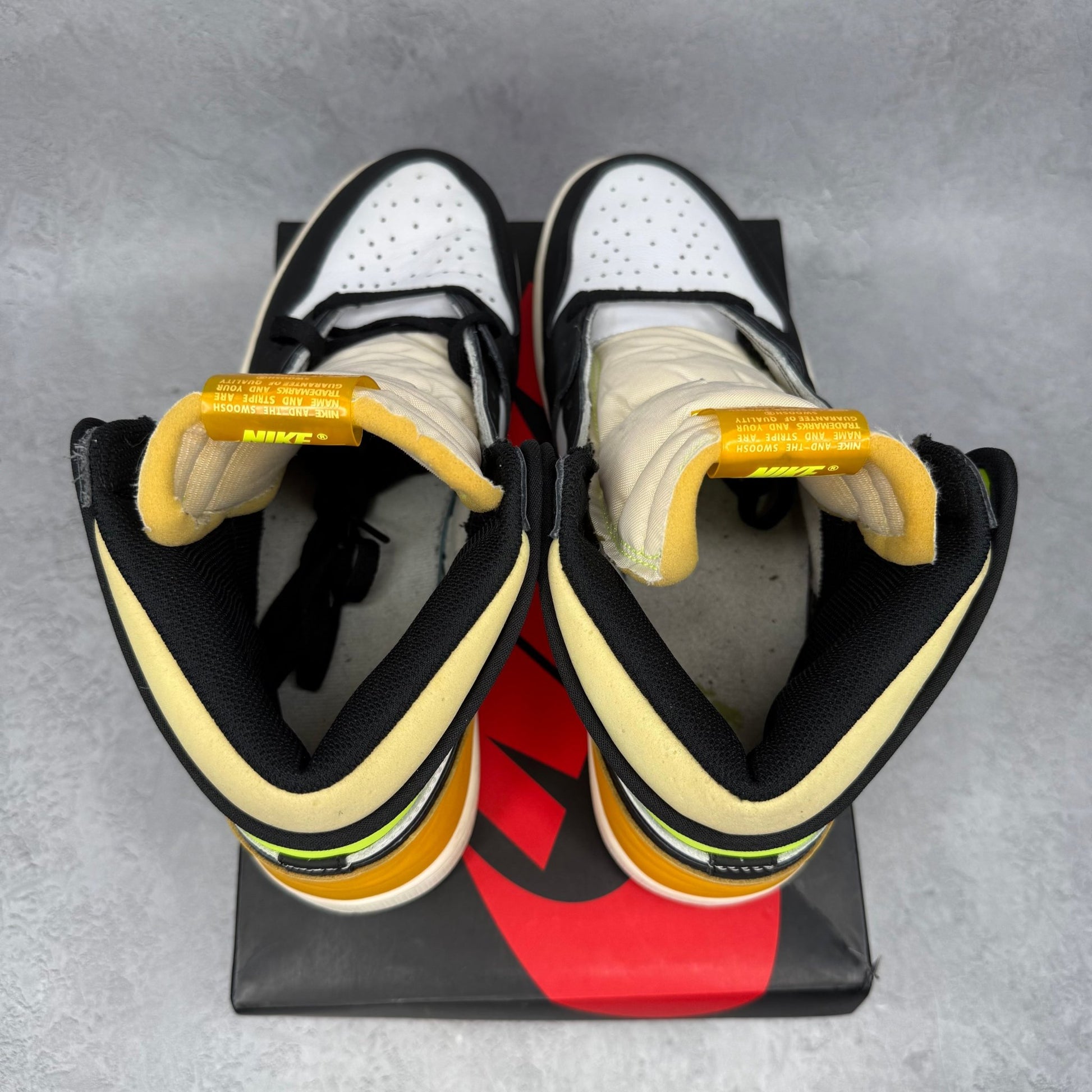 Jordan 1 Retro High White Black Volt University Gold *pre - owned* SIZE 11 - Kicks Collective PA - Jordan - 555088-118 - Men's Shoes - 11M/12.5W - Pre - Owned - Replacement Box