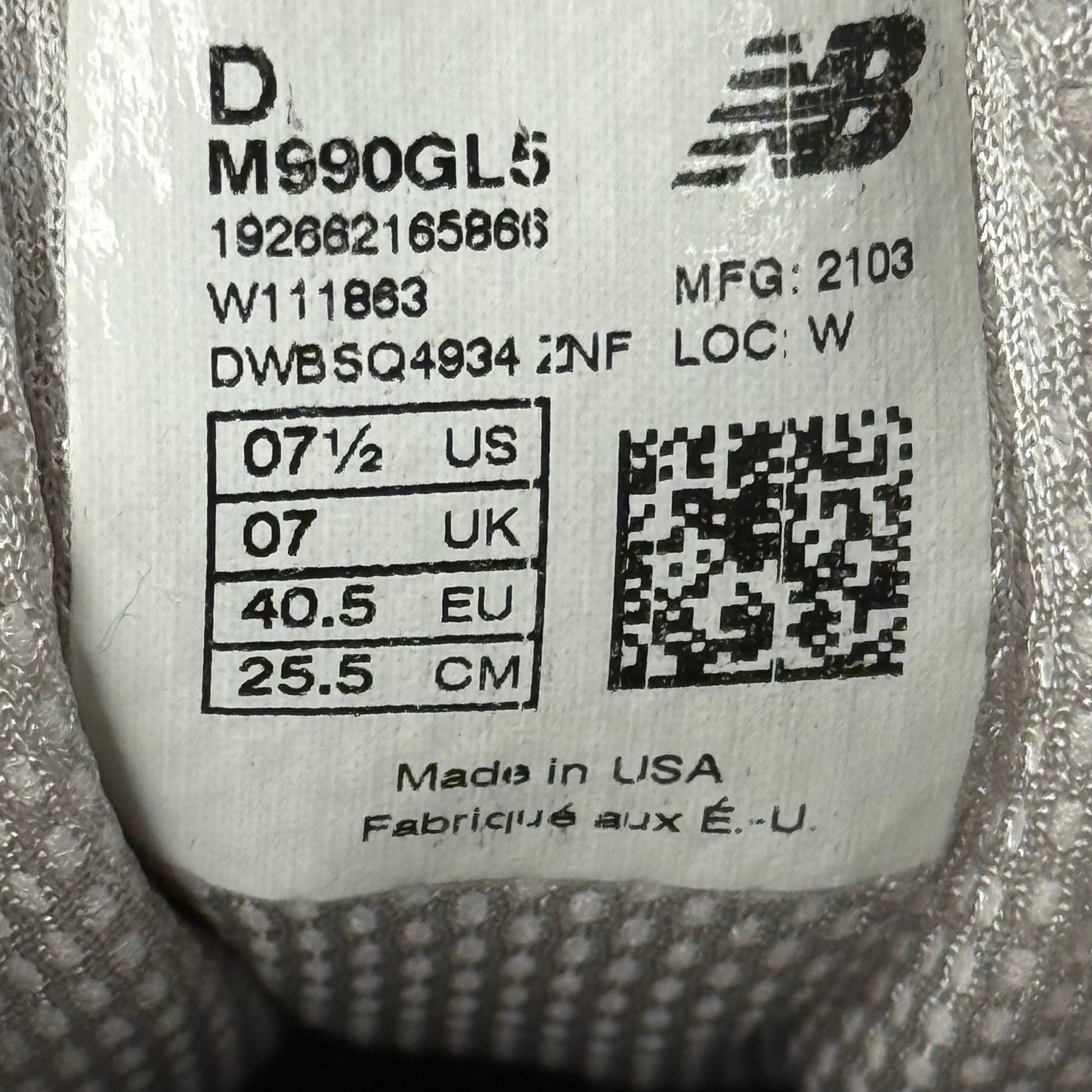 New Balance 990v5 Grey *pre-owned* SIZE 7.5