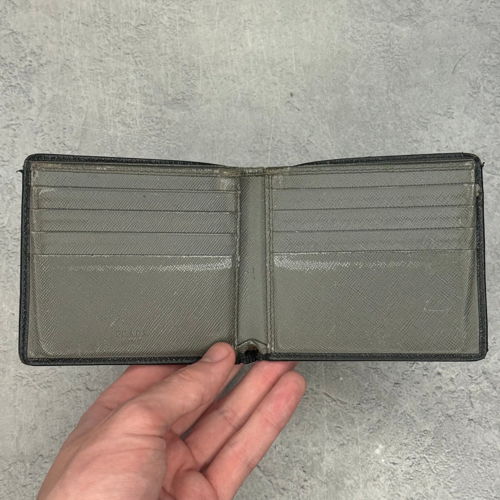Prada Black Saffiano Leather Bi Fold Wallet W/ Grey Interior *pre-owned*