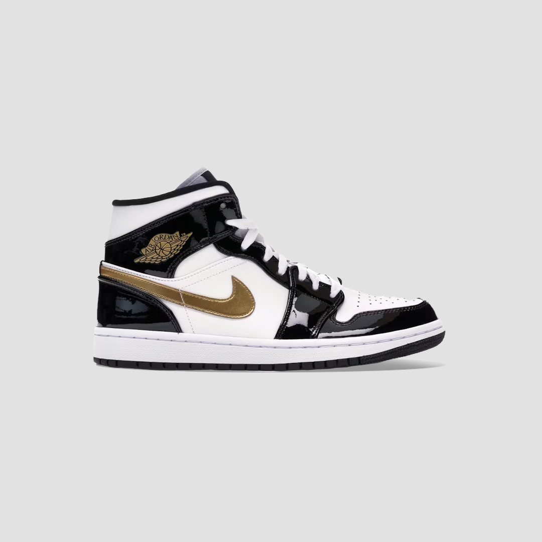 Jordan 1 Mid Patent Black White Gold